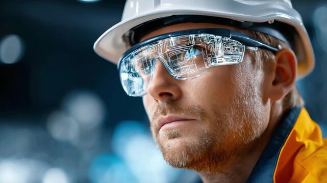 Focused Gaze of an Engineer: A close-up shot of an engineer, his intense eyes reflected through his safety glasses, wearing a hard hat and protective eyewear.