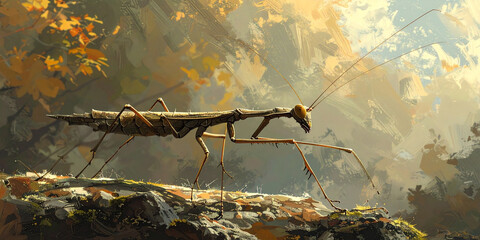 A detailed digital illustration of a large, fantasy stick insect on a mossy rock in a magical, sunlit autumn forest