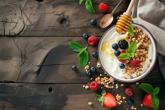 Bol de yaourt au granola et fruits rouges sur table en bois rustique, vue du dessus