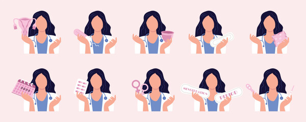 A Caucasian female gynecologist holding menstrual hygiene products — uterus, pads, tampons, menstrual cups, painkillers, and a menstrual calendar. Women's health, menstruation, and gynecology concept 