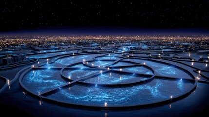 Obraz premium Futuristic cityscape with illuminated waterways and digital networks at night