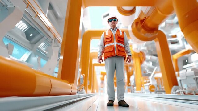 Visionary in the Industrial Realm: An engineer, clad in work attire, navigates a complex industrial environment, symbolizing precision, expertise, and forward-thinking innovation.