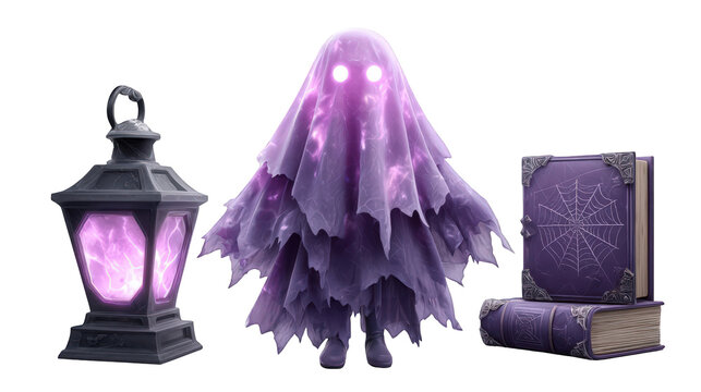 Ethereal ghost character with glowing eyes, surrounded by a mystical lantern and ancient book