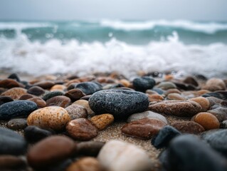 Rocky Seashore Ocean Waves Washing Over Pebbles Beachfront Landscape Nature Scene Coastal Environment Water Splashing Rocks
