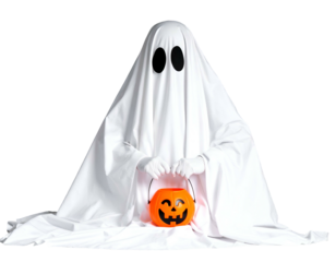 Ghostly figure holding a pumpkin candy bucket