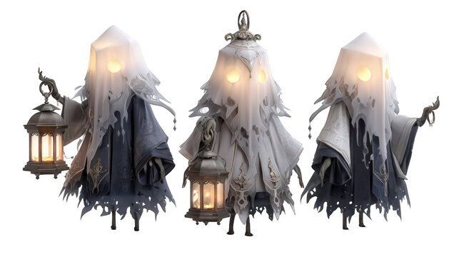 Ethereal ghostly figures holding lanterns in a mystical setting with a dark background