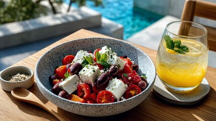 A vibrant Greek salad featuring chunks of feta cheese, Kalamata olives, and ripe cherry tomatoes is presented in a speckled bowl, accompanied by a glass of lemo