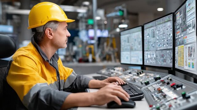 Industrial Oversight: An engineer, encased in a hard hat and protective wear, intently monitors complex systems displayed across multiple screens.