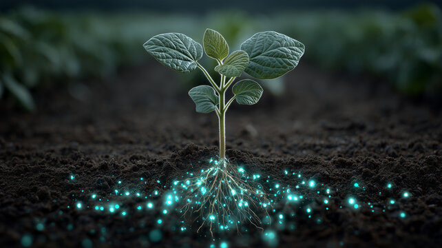 Young soybean plant thriving in fertile soil with glowing roots