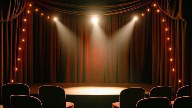 empty theater stage with red velvet curtains and warm spotlights shining on scene with audience seats visible concept of burlesque show glamour performance and vintage cinema aesthetic