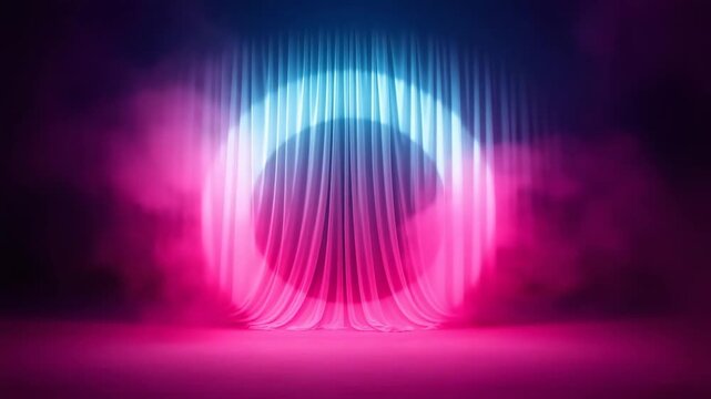 neon pink and violet stage with soft smoke and glowing spotlight behind silky curtains concept of glamorous burlesque performance and cinematic theater atmosphere