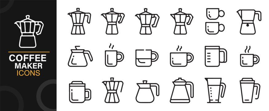 Minimal outline icon set of caf&eacute; brewing tools, cups, and coffee pots