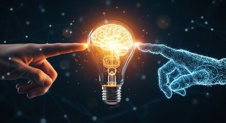 Human and ai hands connect to a glowing lightbulb representing innovation. innovation, idea, creativity, technology, artificial intelligence