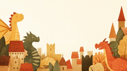 Cartoon dragons and buildings illustration with copy space for creative design