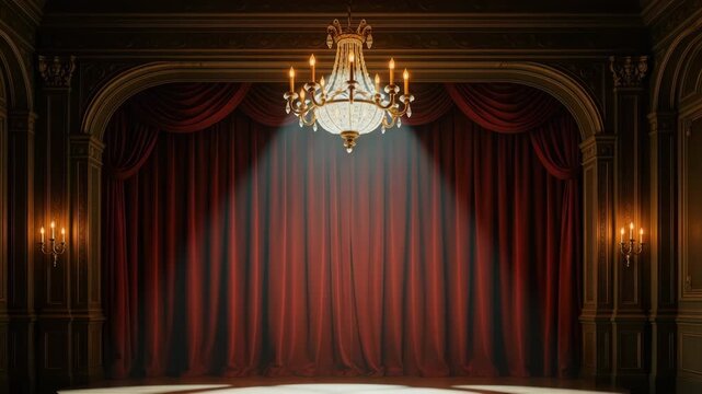 vintage theater stage with chandelier and red velvet curtains illuminated by warm spotlight concept of burlesque cabaret performance and cinematic elegance