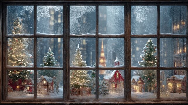 Frosted window panes with holiday scenes painted in corners,