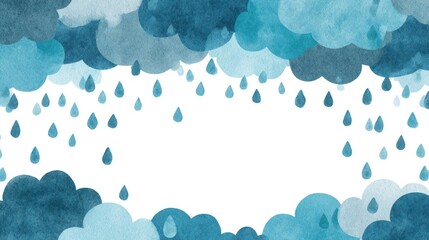 Watercolor rain cloud illustration with droplets and white copy space