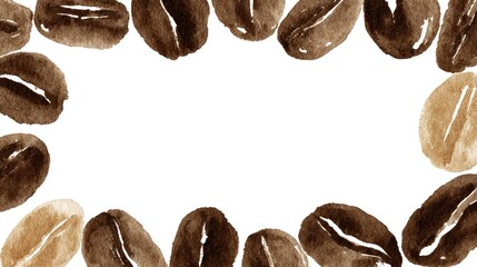 Watercolor coffee beans border on white background for design elements