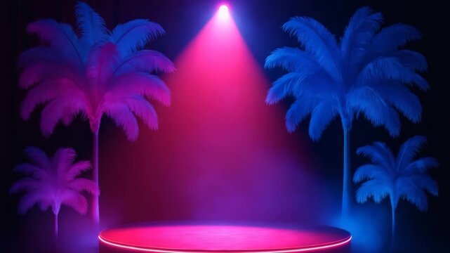 pink and blue burlesque stage with tropical palm feathers and spotlight glow concept of glamorous cabaret performance and cinematic night show