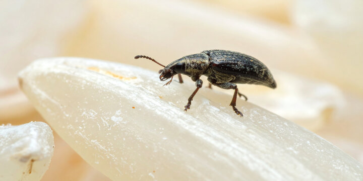 Close-up macro detail of a small black granary weevil insect pest sitting on a single grain of uncooked white rice - Powered by Adobe