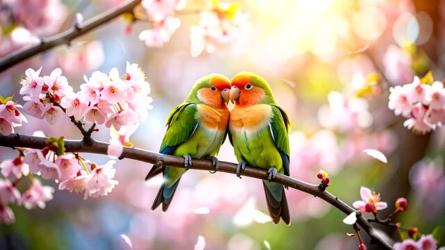 a couple of lovebird perched on cherry blossom tree. Seamless looping time-lapse virtual 4k video animation background