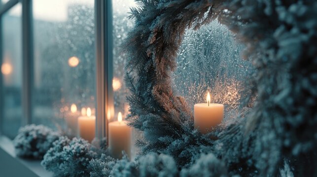 Frosted window with Christmas wreath and glowing candles inside,
