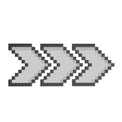 Fototapeta premium 3d render Pixel art style triple right arrows icon. Repetitive motion graphic element, or fast-forward symbol. Grey 3D block