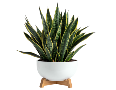 Tall, spiky, variegated green and yellow plant in white pot