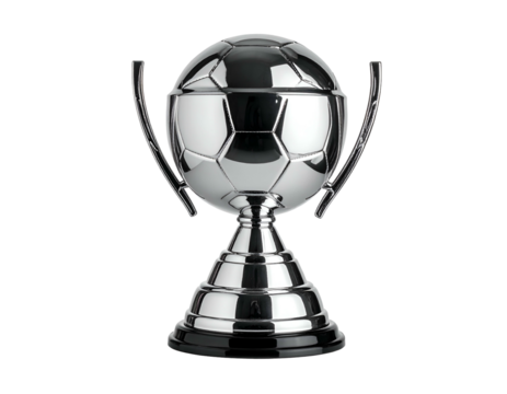 Gleaming metallic trophy shaped like a soccer ball on pedestal
