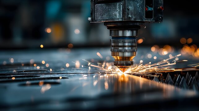 Ultra-detailed macro photo shows an industrial laser cutter's robotic arm carving titanium, creating a vibrant explosion of glowing, hot sparks.