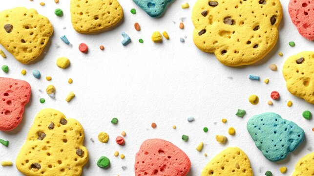 Colorful abstract cookies arrangement with copy space on white background