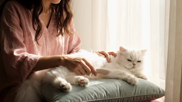 Woman Petting a White Cat on a Pillow, Cozy Scene