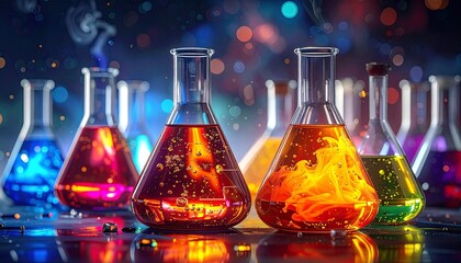 Colorful laboratory glassware with swirling liquids in Erlenmeyer flasks and beakers on artistic background for editorial chemistry photography scientific decor and poetic experimentation-themed visua