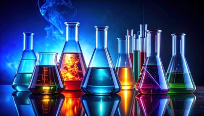 Colorful laboratory glassware with swirling liquids in Erlenmeyer flasks and beakers on artistic background for editorial chemistry photography scientific decor and poetic experimentation-themed visua