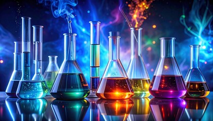 Colorful laboratory glassware with swirling liquids in Erlenmeyer flasks and beakers on artistic background for editorial chemistry photography scientific decor and poetic experimentation-themed visua