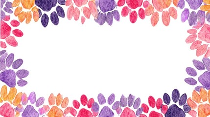 Colorful paw print border design with copy space on white background