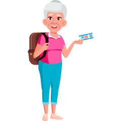 Smiling Elderly Woman With Backpack Holding Travel Tickets Ready for Vacation Adventure