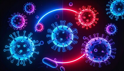 Digital virus particle rendering with red and blue spikes in cellular environment for editorial medical photography virology decor and poetic infection-themed visuals