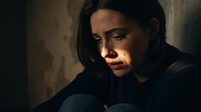 Person sitting on floor in corner, light barely touching face, surrounded by shadows.