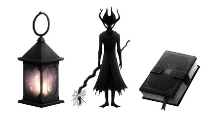 Mysterious figure in dark attire holding a staff, with a lantern and a book, set against a void