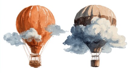 Watercolor hot air balloons floating among clouds illustration design
