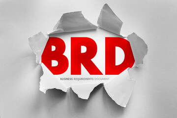 BRD acronym emerges from torn paper, representing clarity and structure in project planning. Business Requirements Document concept illustrated with bold lettering and minimal design