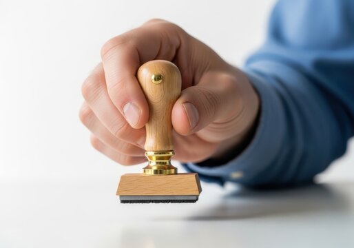 Hand holding a traditional wooden rubber stamp ready to mark a document