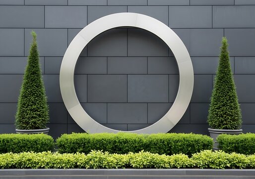 Modern garden design with circular metal frame and topiaries