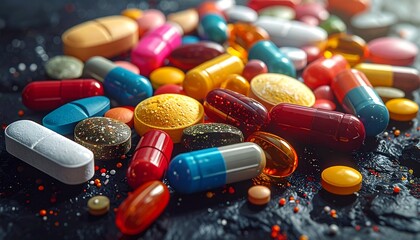 Assorted pills and capsules in various colors and shapes scattered on dark surface with bokeh lighting for editorial pharmaceutical photography medication decor and poetic healthcare-themed visuals