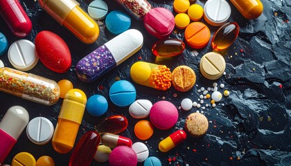 Assorted pills and capsules in various colors and shapes scattered on dark surface with bokeh lighting for editorial pharmaceutical photography medication decor and poetic healthcare-themed visuals
