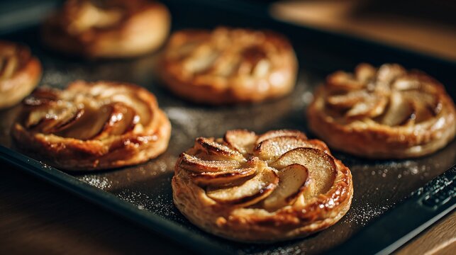 A mini apple galettes on baking tray, warm cozy lighting, top view