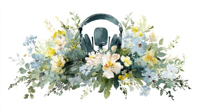 Watercolor podcast equipment with floral elements and copy space on white