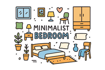 Fototapeta premium Minimalist Bedroom Doodle. Minimalist Bedroom. Hand-drawn doodle illustration of minimalist bedroom. Bed,
