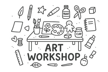 Creative Art Workshop. Art workshop. Hand-drawn doodle illustration of art workshop. In the middle, one